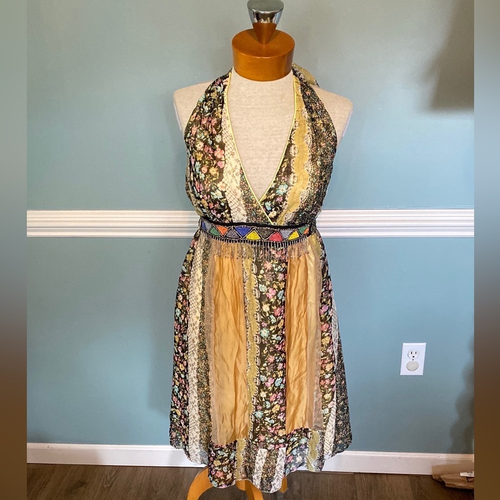 VTG Y2K LMLULU Paris designer bohemian NWT satin beaded mixed media halter L